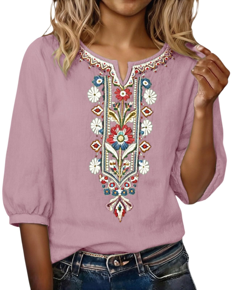 Blusa Sarah para mujer verano – lino algodón bordado floral cuello en V