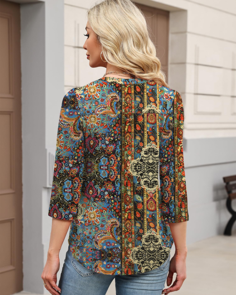 Hailey Chemisier Bohème Mulher – Blusa com Decote em V Plissada e Mangas 3/4