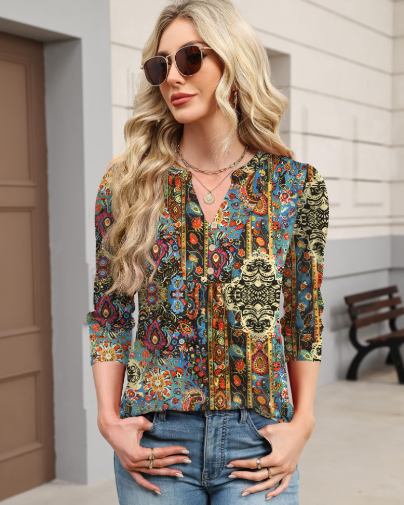 Hailey Chemisier Bohème Mulher – Blusa com Decote em V Plissada e Mangas 3/4