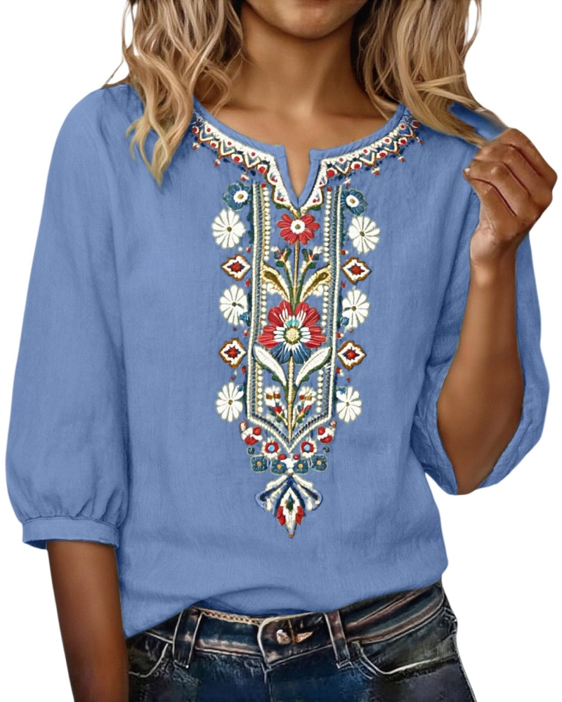 Blusa Sarah para mujer verano – lino algodón bordado floral cuello en V