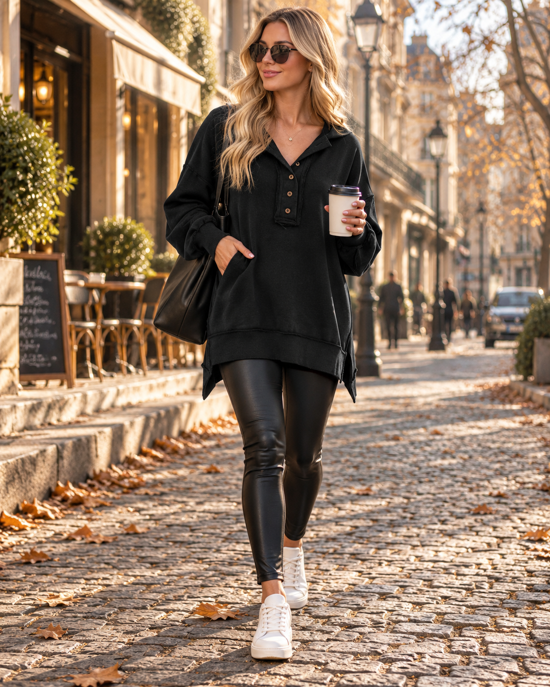 Kerenza Γυναικείο φούτερ – γιακάς Henley με κουμπιά, oversized γραμμή και μακριά μανίκια