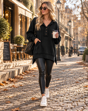 Kerenza Γυναικείο φούτερ – γιακάς Henley με κουμπιά, oversized γραμμή και μακριά μανίκια