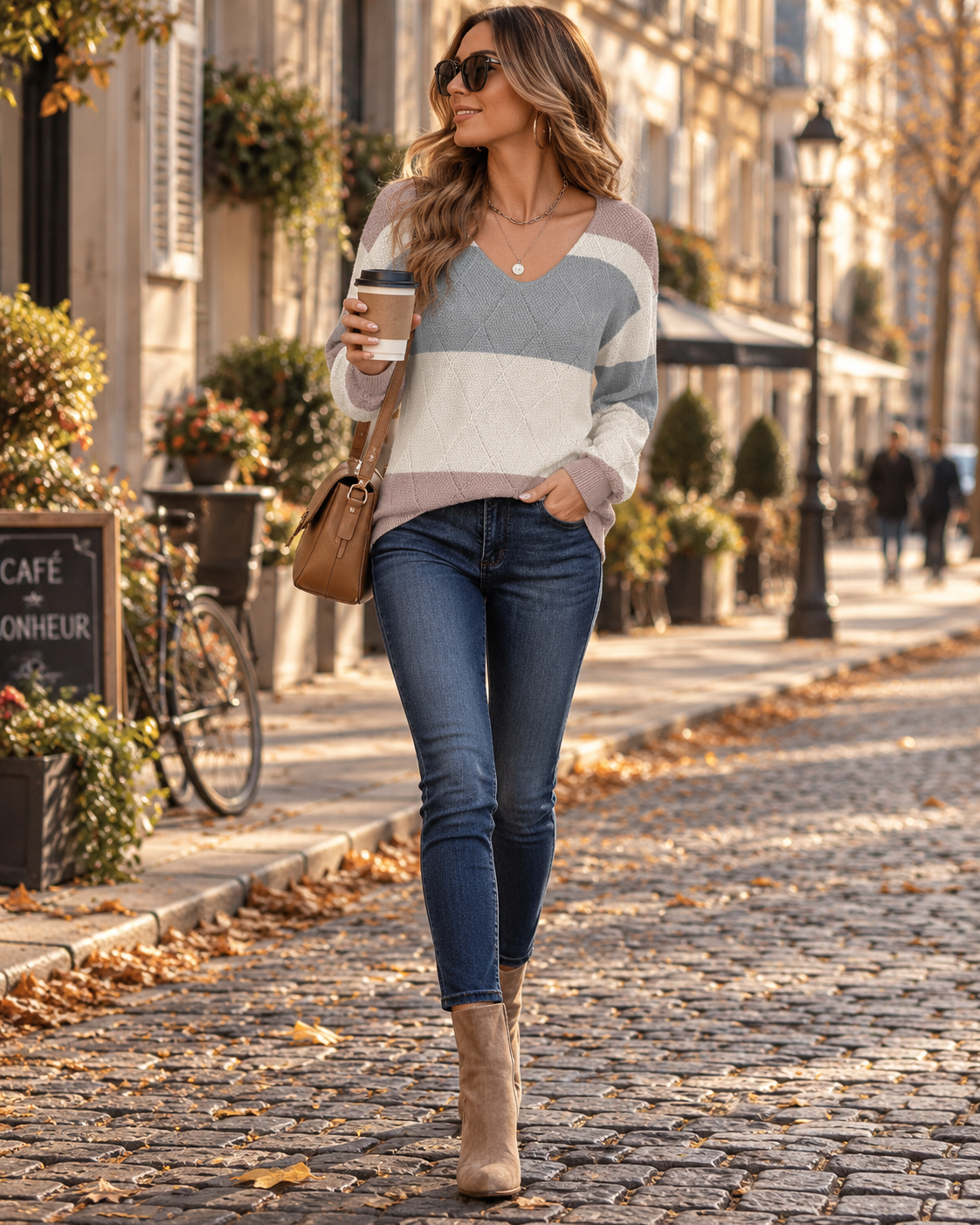 Saskia Jersey de mujer – Cuello de pico, punto texturizado, corte informal y mangas largas