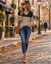 Saskia Jersey de mujer – Cuello de pico, punto texturizado, corte informal y mangas largas