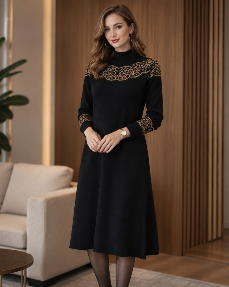 Vestido midi de mujer Mavis Robe Pull – Tejido de punto con estampado en contraste y mangas largas