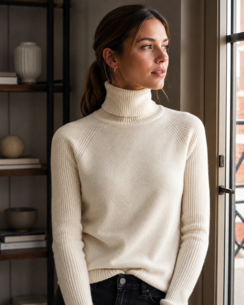 Camisola Kendall de gola alta para mulher – Malha macia de caxemira com mangas compridas