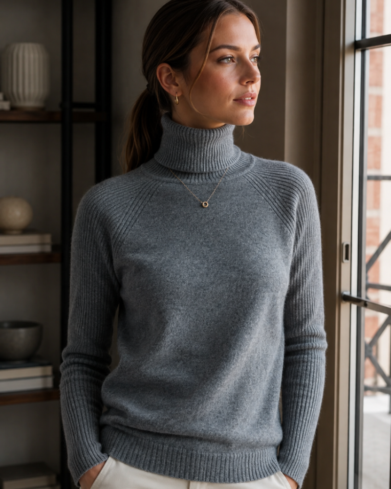 Camisola Kendall de gola alta para mulher – Malha macia de caxemira com mangas compridas