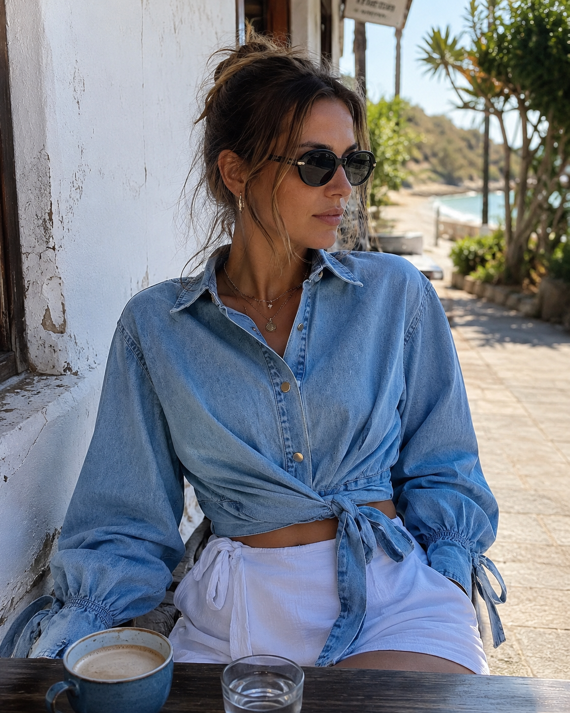 Damen-Jean-Cache-Cœur-Bluse – 100 % Baumwolle, voluminöse Ärmel und gebundene Taille