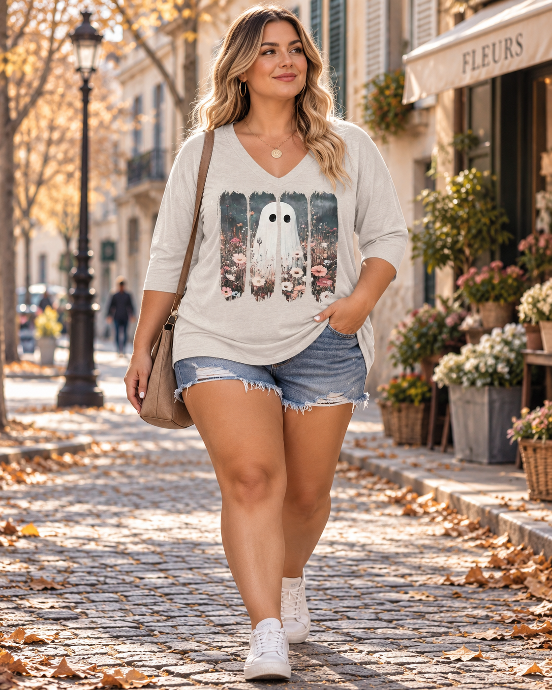 Damski T-shirt Meisie na Halloween w dużych rozmiarach – dekolt w serek, rękawy 3/4 i wzór duchów