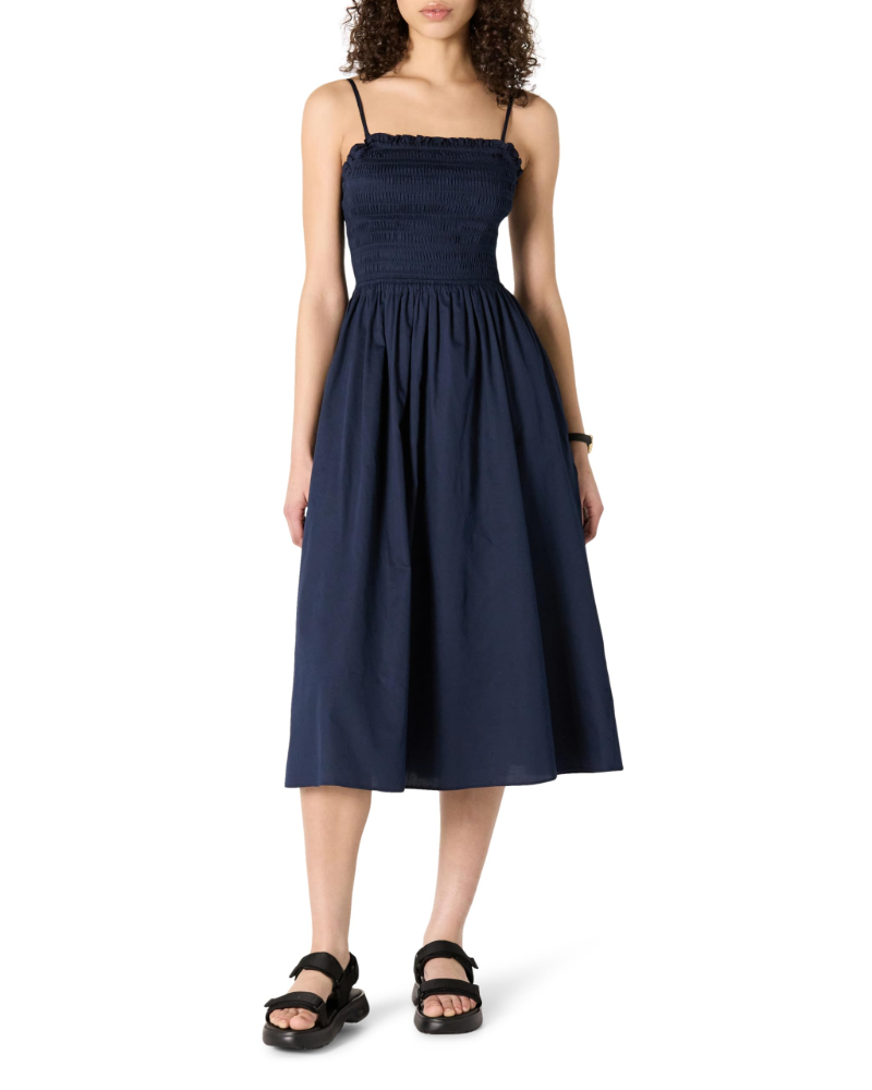 Genevieve Smocked Women’s Dress – Satin Cotton, Adjustable Straps & Fluid A-Line Skirt