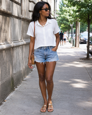 Delphine Blouse Femme – Coton, Viscose & Lin, Col V Boutonné, Manches Courtes & Poche
