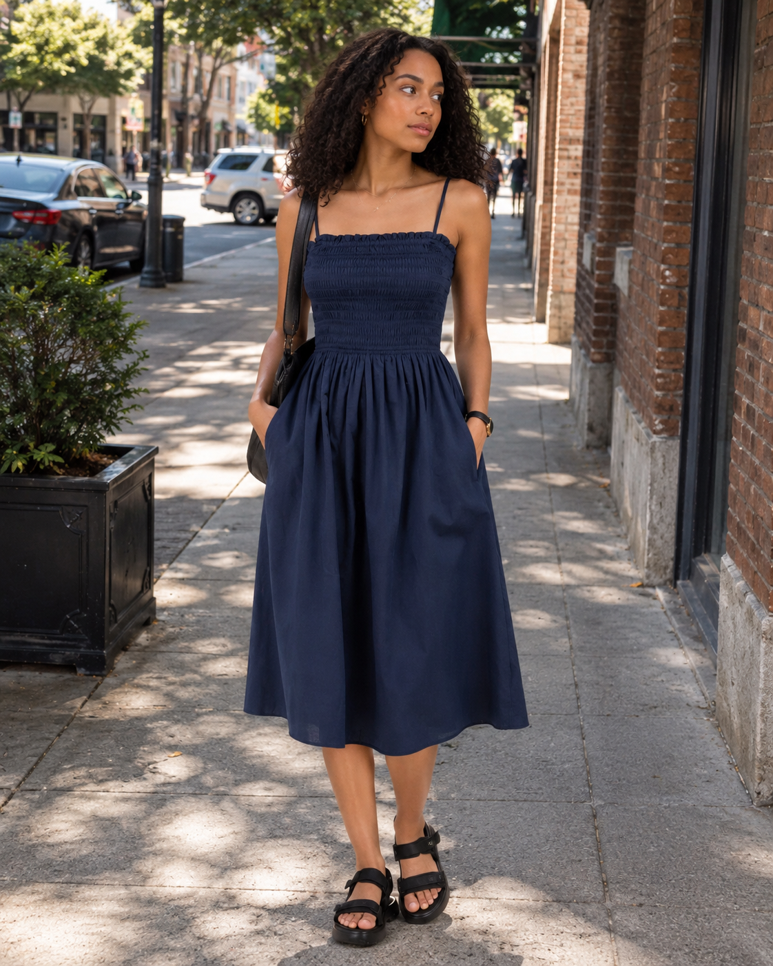 Genevieve Smocked Women’s Dress – Satin Cotton, Adjustable Straps & Fluid A-Line Skirt