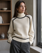 Tabitha Damen-Pullover mit Rundhalsausschnitt – Oversize-Strick mit kontrastierenden Paspeln