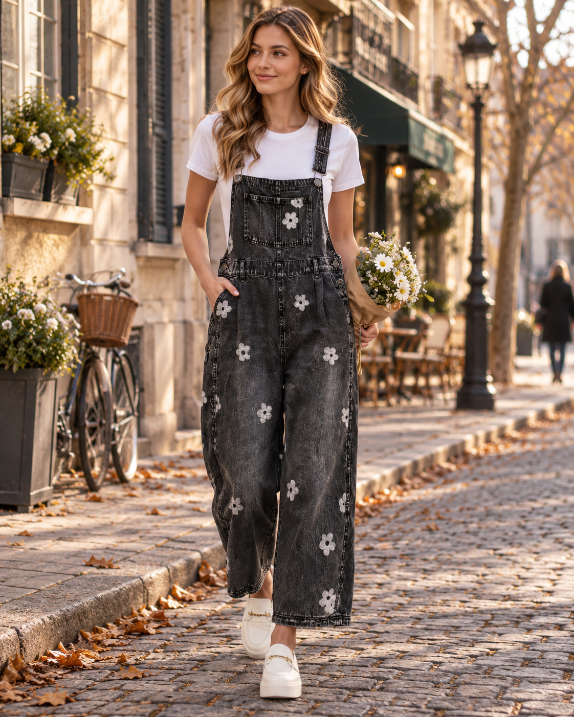 Larcy Salopette di jeans da donna – Vestibilità ampia, bretelle regolabili e motivo floreale