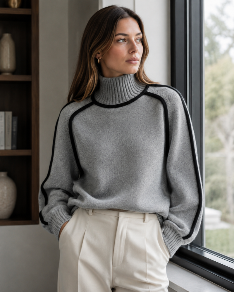 Tabitha Damen-Pullover mit Rundhalsausschnitt – Oversize-Strick mit kontrastierenden Paspeln