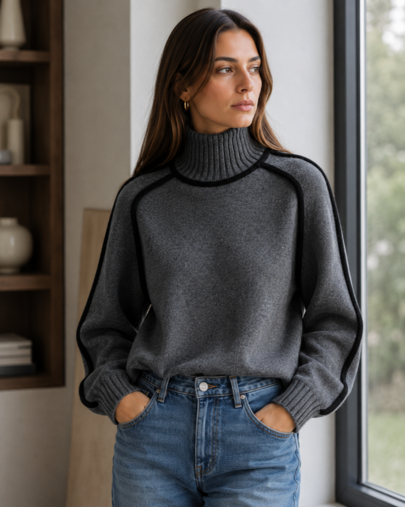 Tabitha Damen-Pullover mit Rundhalsausschnitt – Oversize-Strick mit kontrastierenden Paspeln