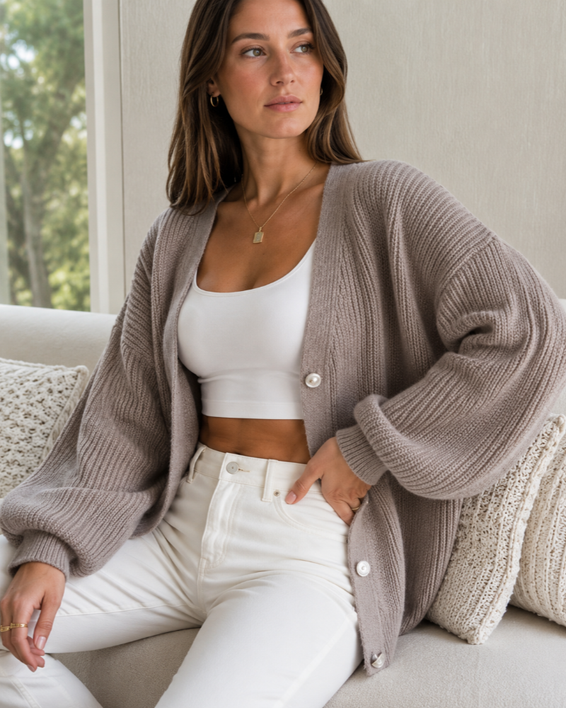 Dámský kardigan Rosalie – oversized úpletový kardigan s knoflíky a balónovými rukávy