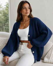Dámský kardigan Rosalie – oversized úpletový kardigan s knoflíky a balónovými rukávy