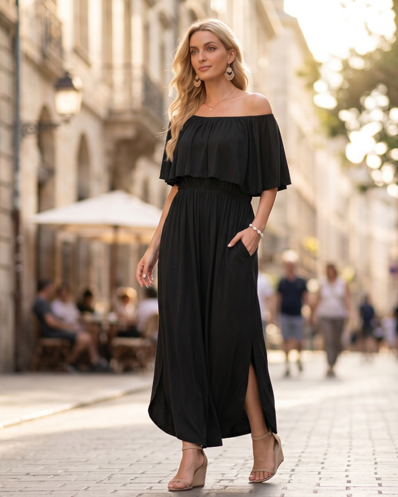 Vestido maxi Odelie para mujer verano – Hombros descubiertos con volantes y bolsillos