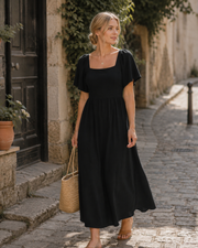 Vestido largo para mujer Patricia – Cuello cuadrado, corte línea A fluido, mangas murciélago verano