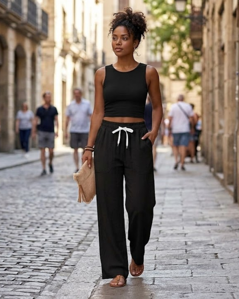 Pantalón fluido Capucine para mujer de tiro alto – Pantalón recto ligero con cordón y 4 bolsillos