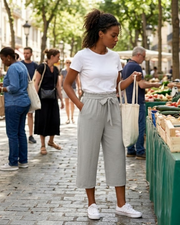 Solène Calças Capri de Senhora de Cintura Alta – Calças 3/4 Largas, Fluidas e Leves com Bolsos