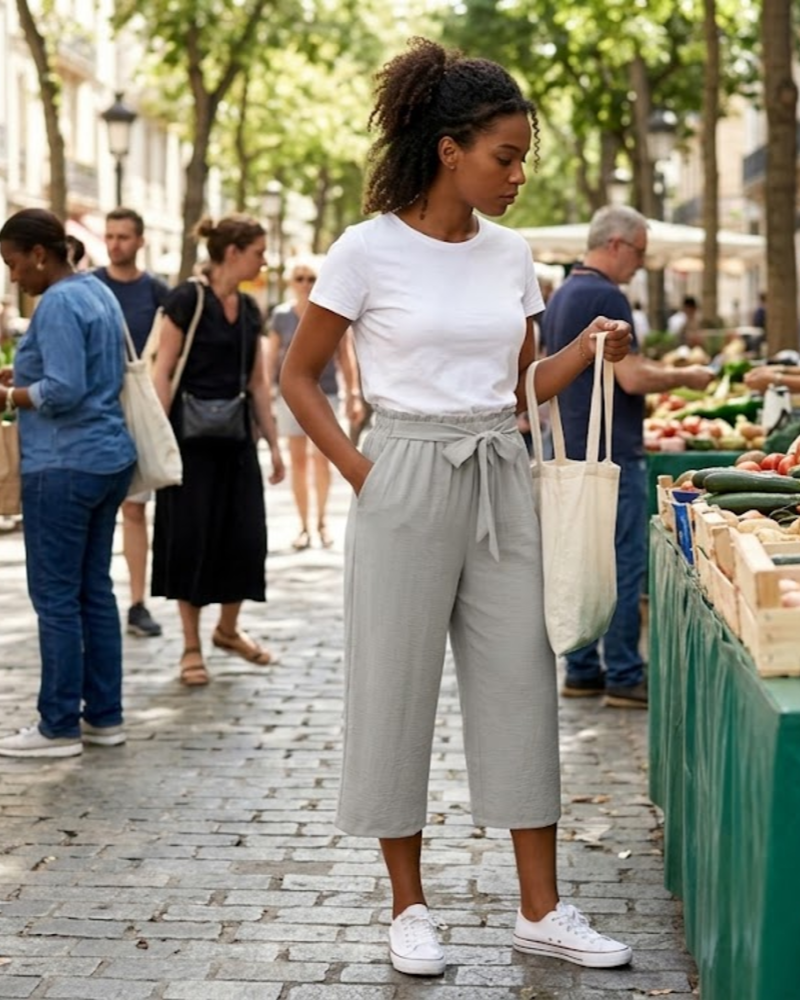 Solène Calças Capri de Senhora de Cintura Alta – Calças 3/4 Largas, Fluidas e Leves com Bolsos