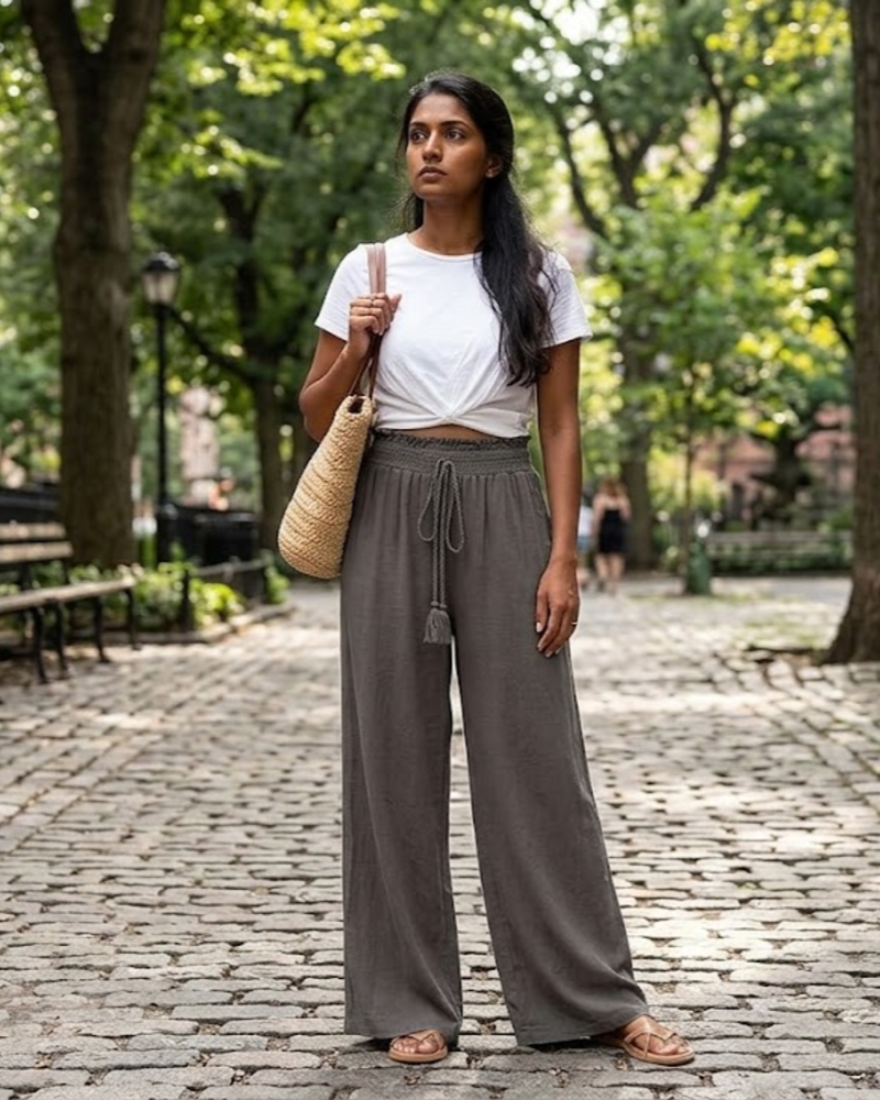 Pantalón fluido de algodón y lino para mujer Séverine – Pantalón ancho de talle alto con cintura elástica y bolsillos