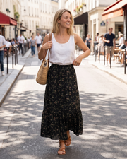 Natalie Jupe Maxi Feminina – Saia Longa Evasê com Cintura Alta Elástica, Babados e Bolsos