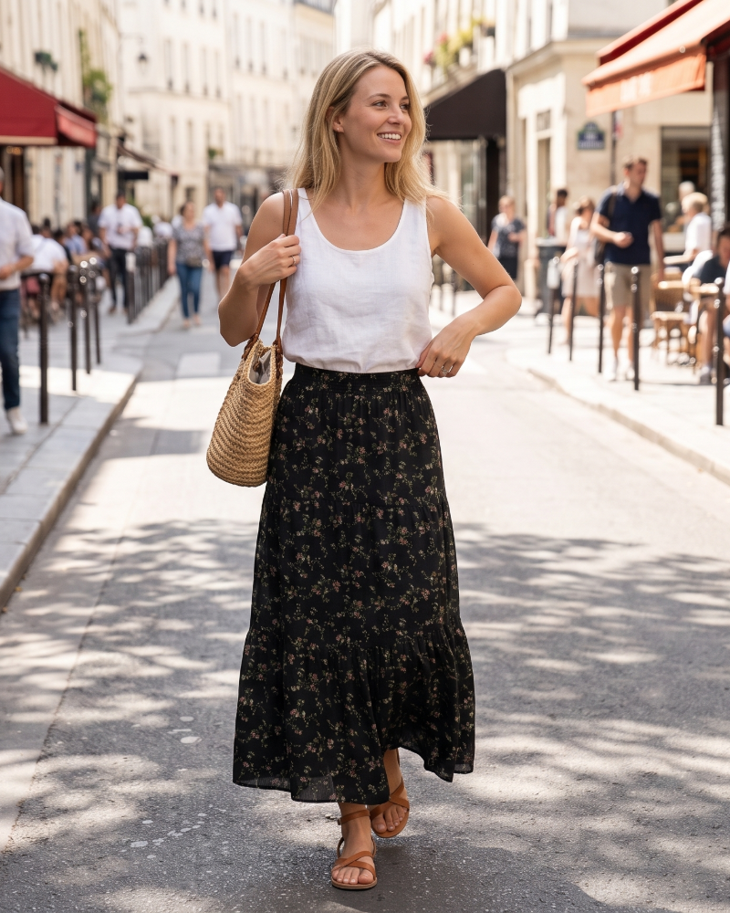 Natalie Jupe Maxi Feminina – Saia Longa Evasê com Cintura Alta Elástica, Babados e Bolsos