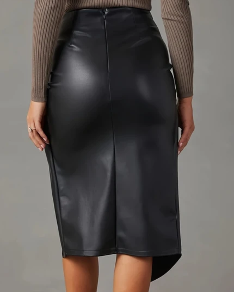 Seraphine Midi-Rock für Damen – Veganer Lederrock mit hohem Bund, drapiert, asymmetrischer Schnitt