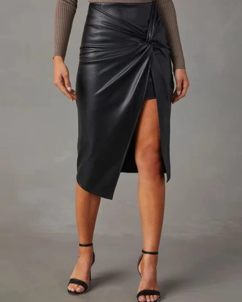 Seraphine Midi-Rock für Damen – Veganer Lederrock mit hohem Bund, drapiert, asymmetrischer Schnitt