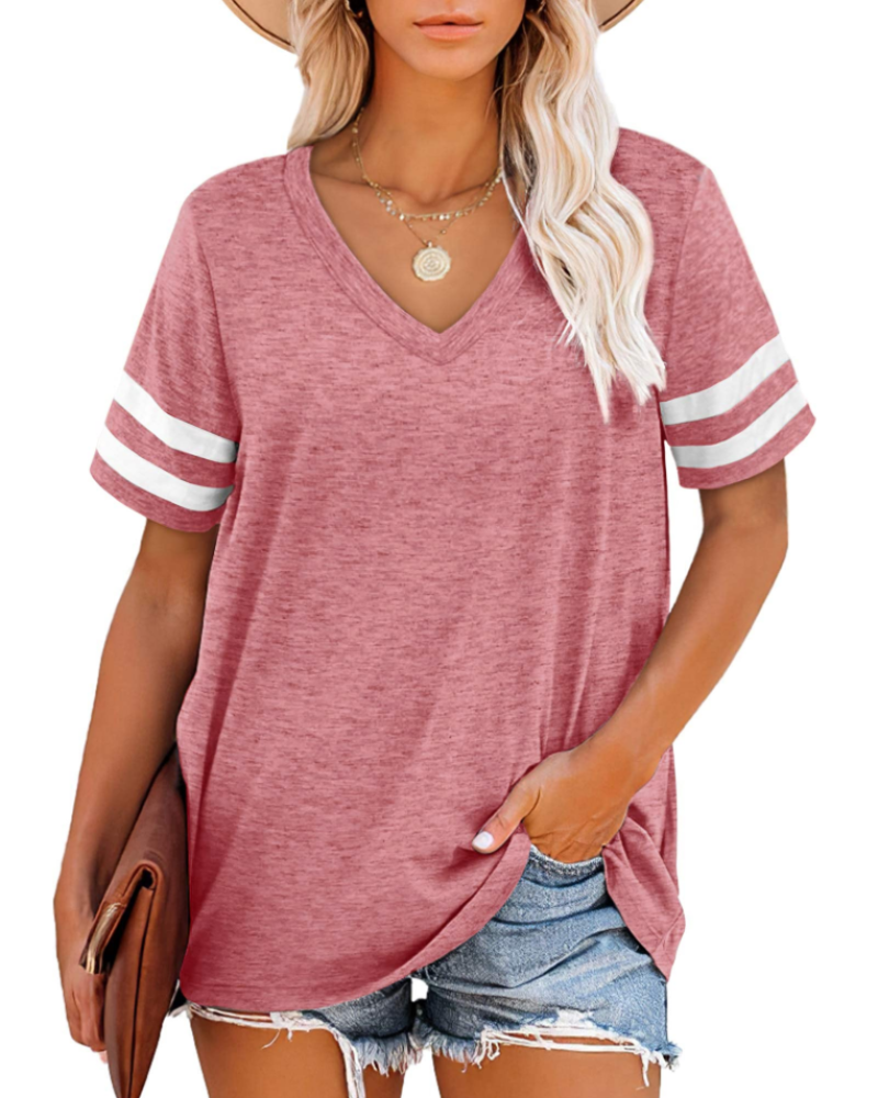 T-shirt donna Luna con scollo a V – top estivo casual a righe e maniche corte