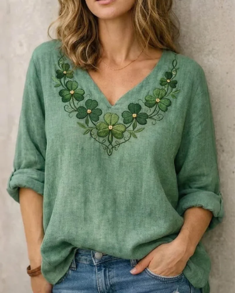 Ženska bluza Felicity s vezom – pametna casual majica s dugim rukavima i V-izrezom
