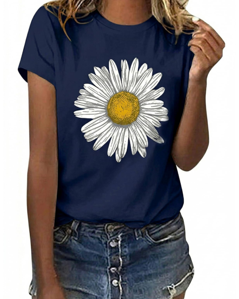 T-shirt Bella Feminino Estampado Floral – Top de Algodão Margarida & Girassol de Verão