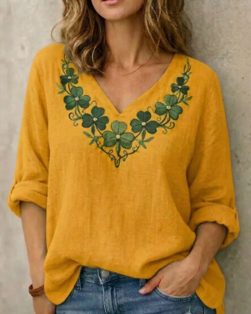 Ženska bluza Felicity s vezom – pametna casual majica s dugim rukavima i V-izrezom
