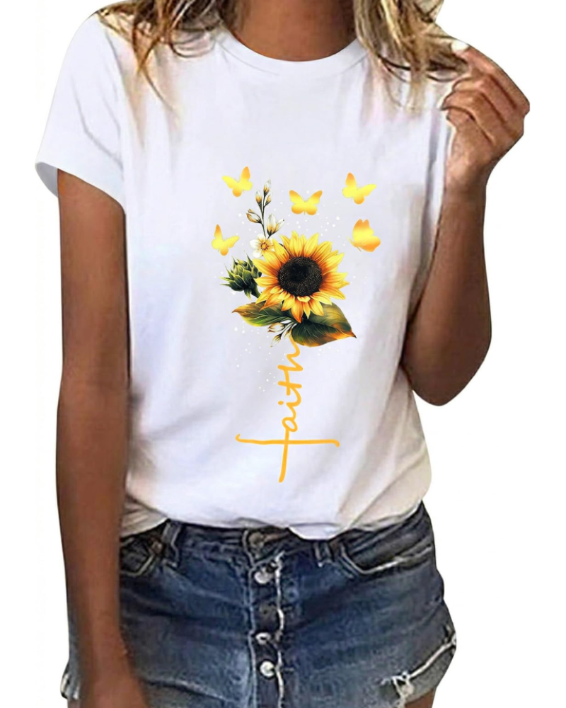 T-shirt Bella Feminino Estampado Floral – Top de Algodão Margarida & Girassol de Verão