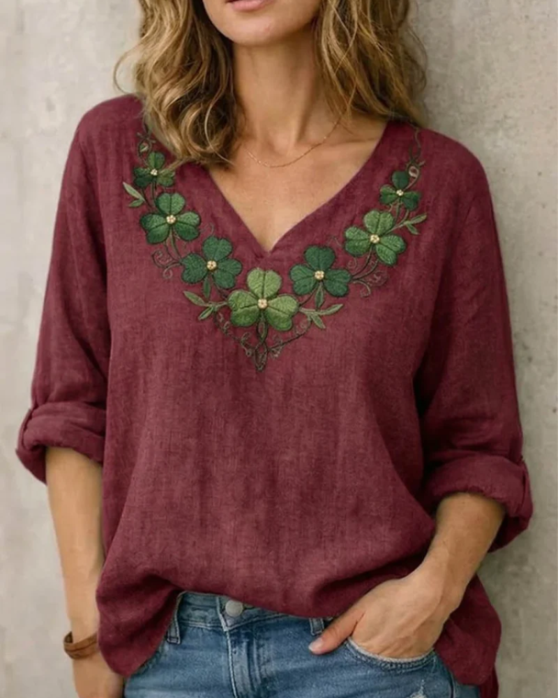 Ženska bluza Felicity s vezom – pametna casual majica s dugim rukavima i V-izrezom