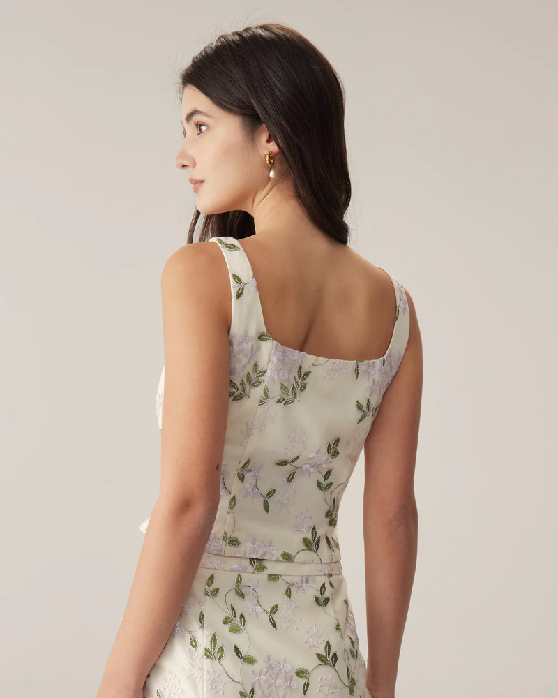 Ženski top Lison – bež cvjetni uski elegantni ljetni top bez rukava