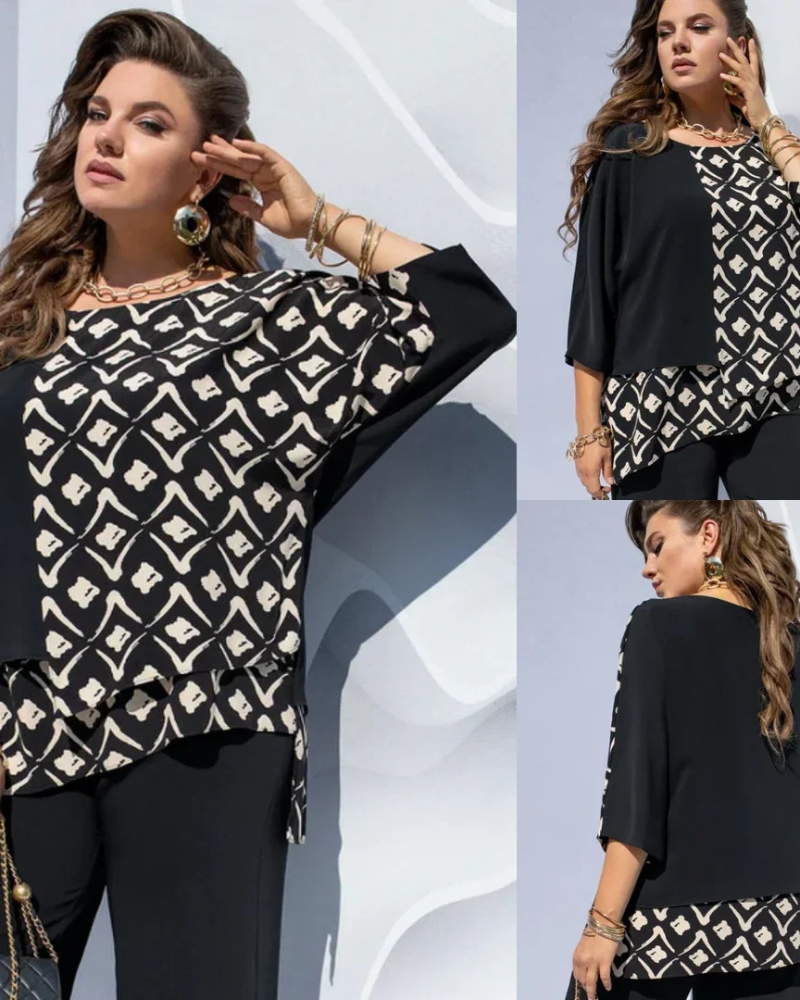 Solène Bluse Damen – Hemd mit grafischem Farbblockdruck, eleganter Lagen-Schnitt