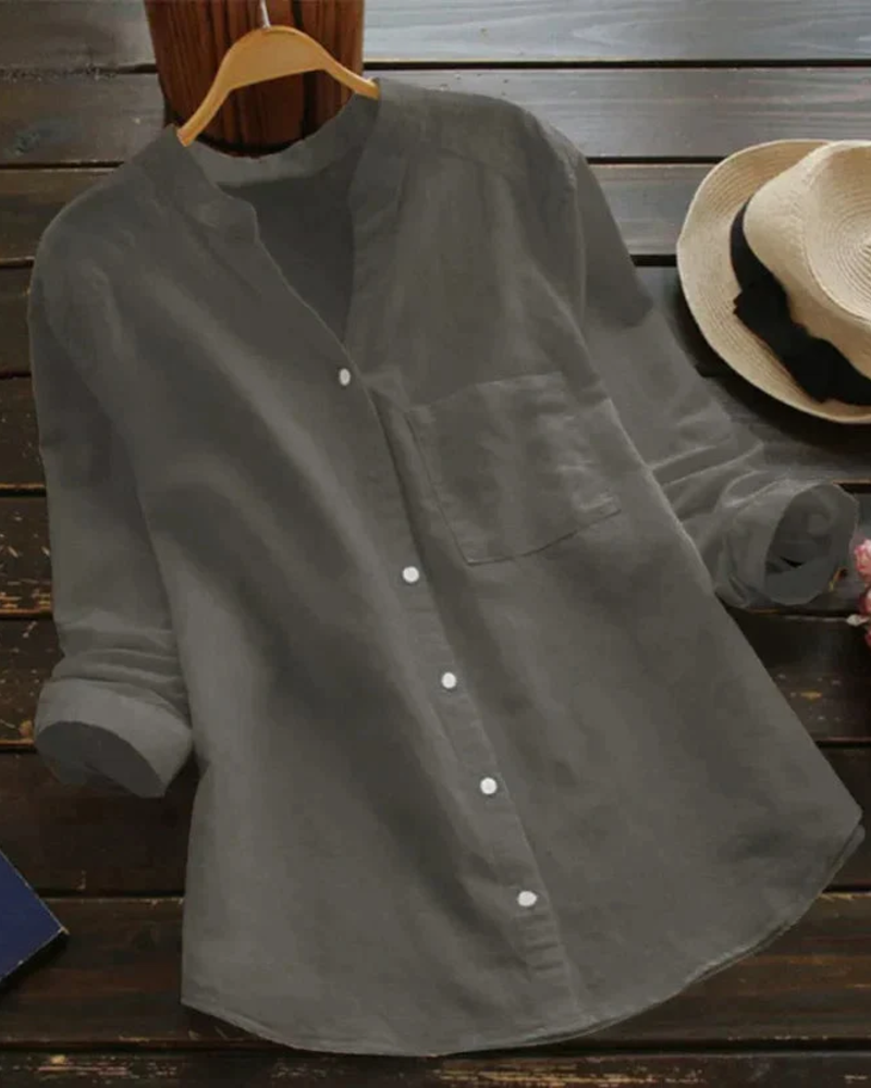 Maren Chemisier Femme – Blouse Col V Boutonnée Coupe Fluide Poche Poitrine Manches Retroussables