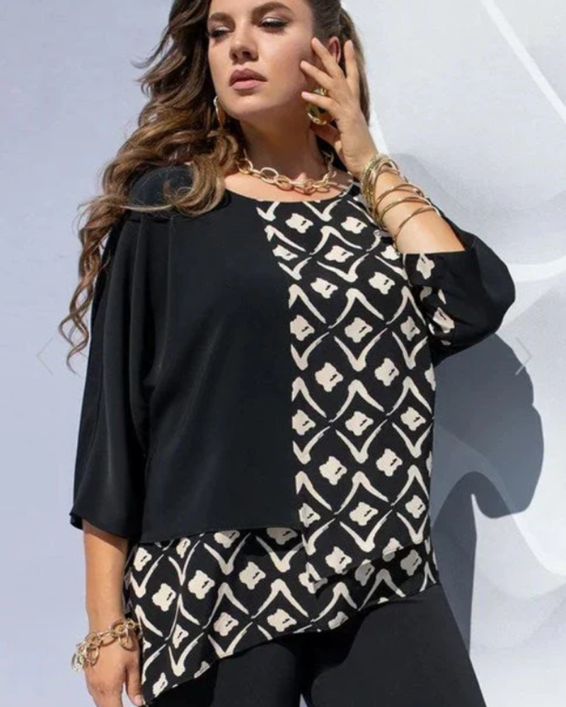 Solène Bluse Damen – Hemd mit grafischem Farbblockdruck, eleganter Lagen-Schnitt