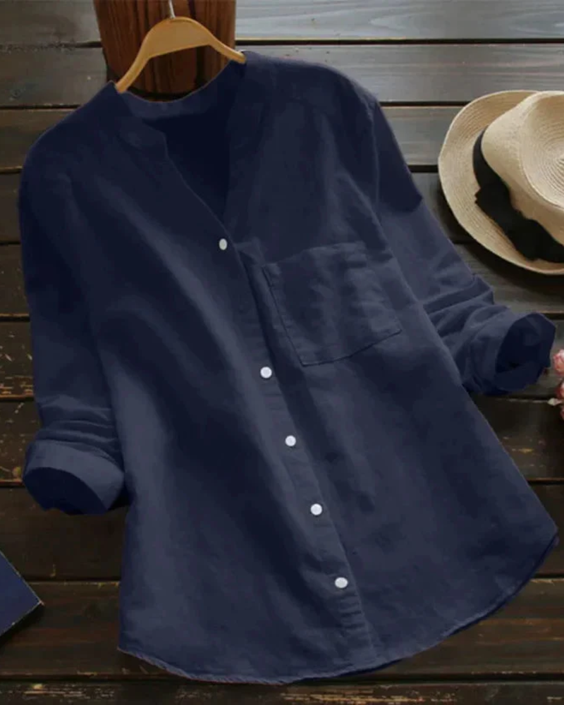 Maren Chemisier Femme – Blouse Col V Boutonnée Coupe Fluide Poche Poitrine Manches Retroussables