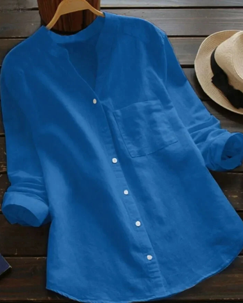 Camicia da donna Maren – Blusa con scollo a V, bottoni, taglio fluido, tasca sul petto, maniche arrotolabili