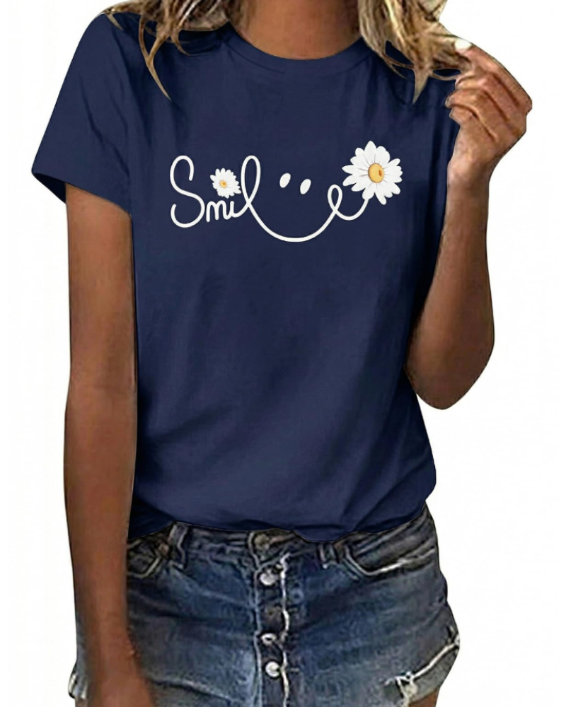 Bella T-shirt donna con stampa floreale – Maglia in cotone con margherite e girasoli estivi