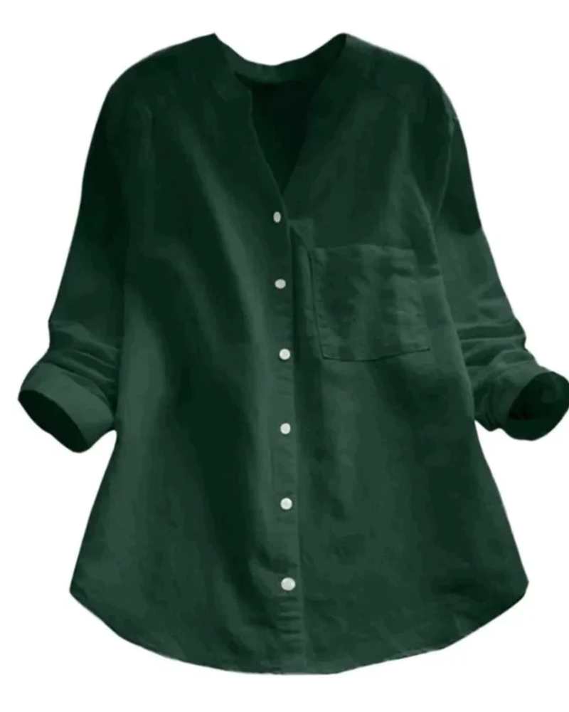 Maren Chemisier Femme – Blouse Col V Boutonnée Coupe Fluide Poche Poitrine Manches Retroussables