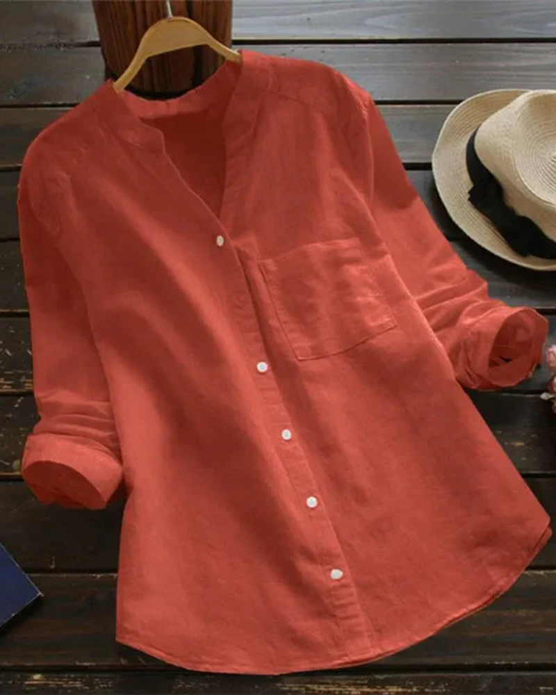 Maren Chemisier Femme – Blouse Col V Boutonnée Coupe Fluide Poche Poitrine Manches Retroussables