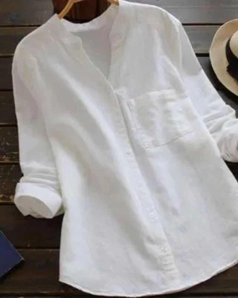 Maren Chemisier Femme – Blouse Col V Boutonnée Coupe Fluide Poche Poitrine Manches Retroussables