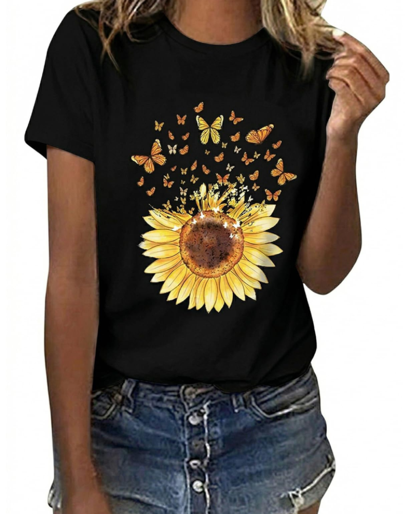 T-shirt Bella Feminino Estampado Floral – Top de Algodão Margarida & Girassol de Verão