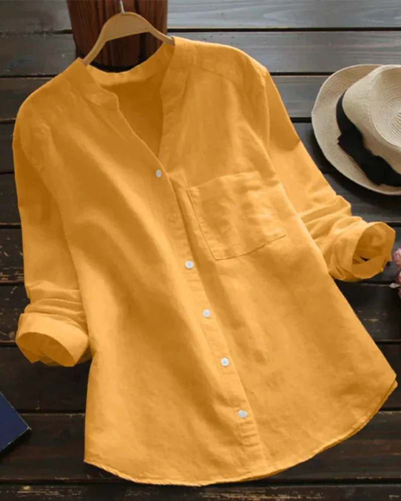 Maren Chemisier Femme – Blouse Col V Boutonnée Coupe Fluide Poche Poitrine Manches Retroussables